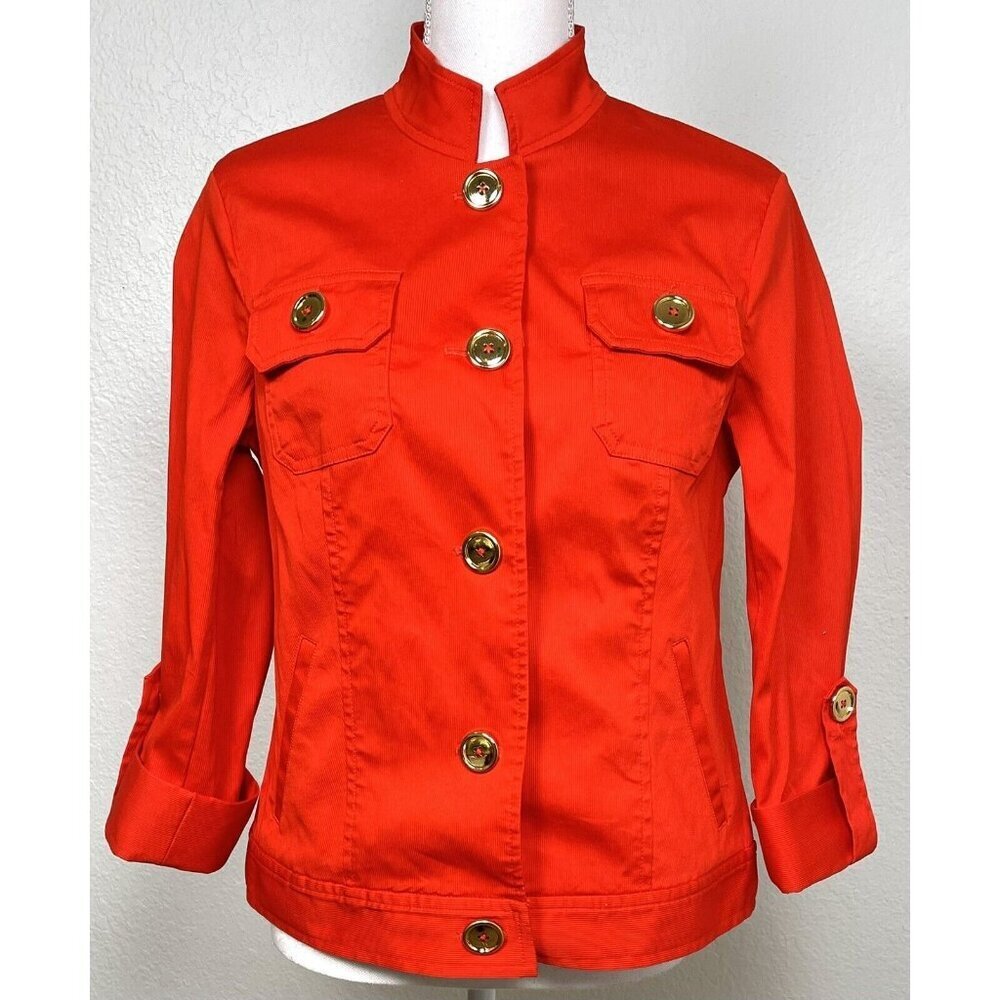 JONES NEW YORK SIGNATURE Womens SMALL Orange-Red Brass Button Stretch JACKET EUC